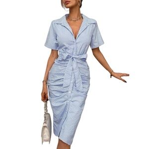 SHEIN Privé Striped Print Ruched Button Front Shirt Dress Workwear